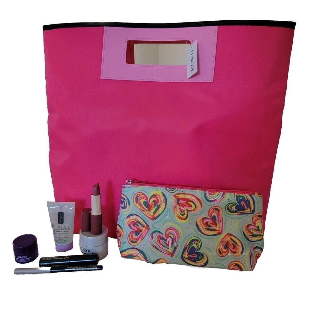 Clinique BIG pink tote bag, Cosmetics bag & makeup set with Travel & Full Size!