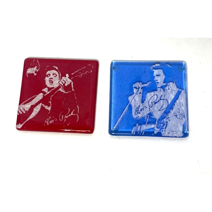 Set of 2 Fused Glass Coasters Featuring Elvis Presley in Las Vegas