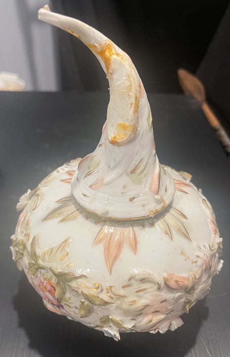 Vintage Porcelain White Pink Gold Tone Ornate Floral Design Oil Lamp Base Piece