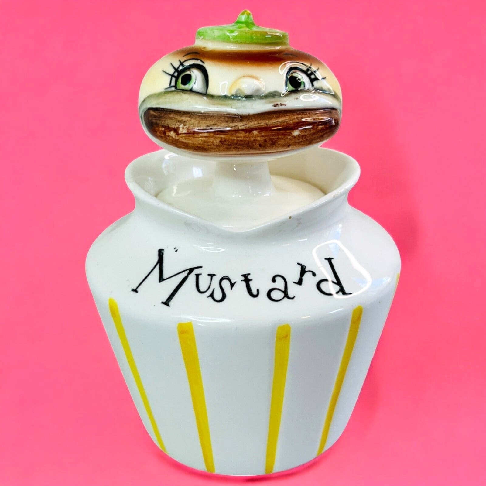 Lefton Pixie Ware Mustard Jar Hamburger Head Condiment Container #1482 Spoon MCM