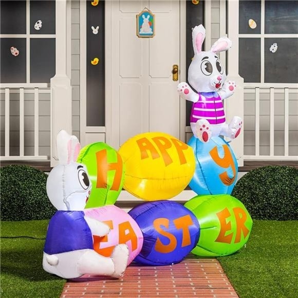 6 ft Long Easter Inflatable Bunny with Eggs, Inflatable Happy Easter Sign