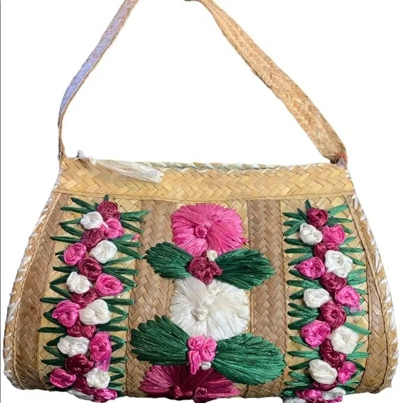 Retro Straw Woven Handbag Pink White Floral Colorful Shoulder Purse