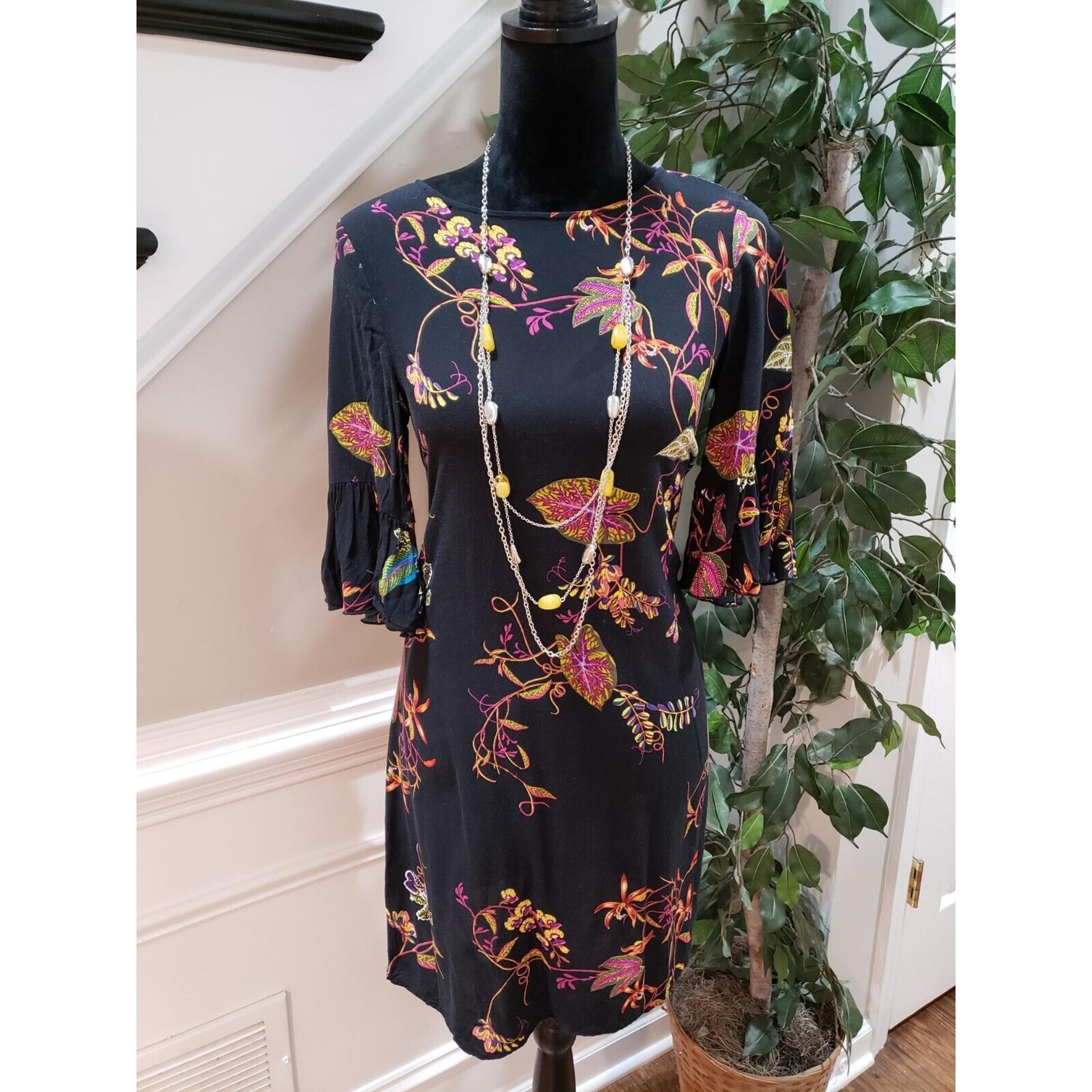 H&M Black 100% Viscose Round Neck 3/4 Sleeve Casual Knee Length Dress Size 2