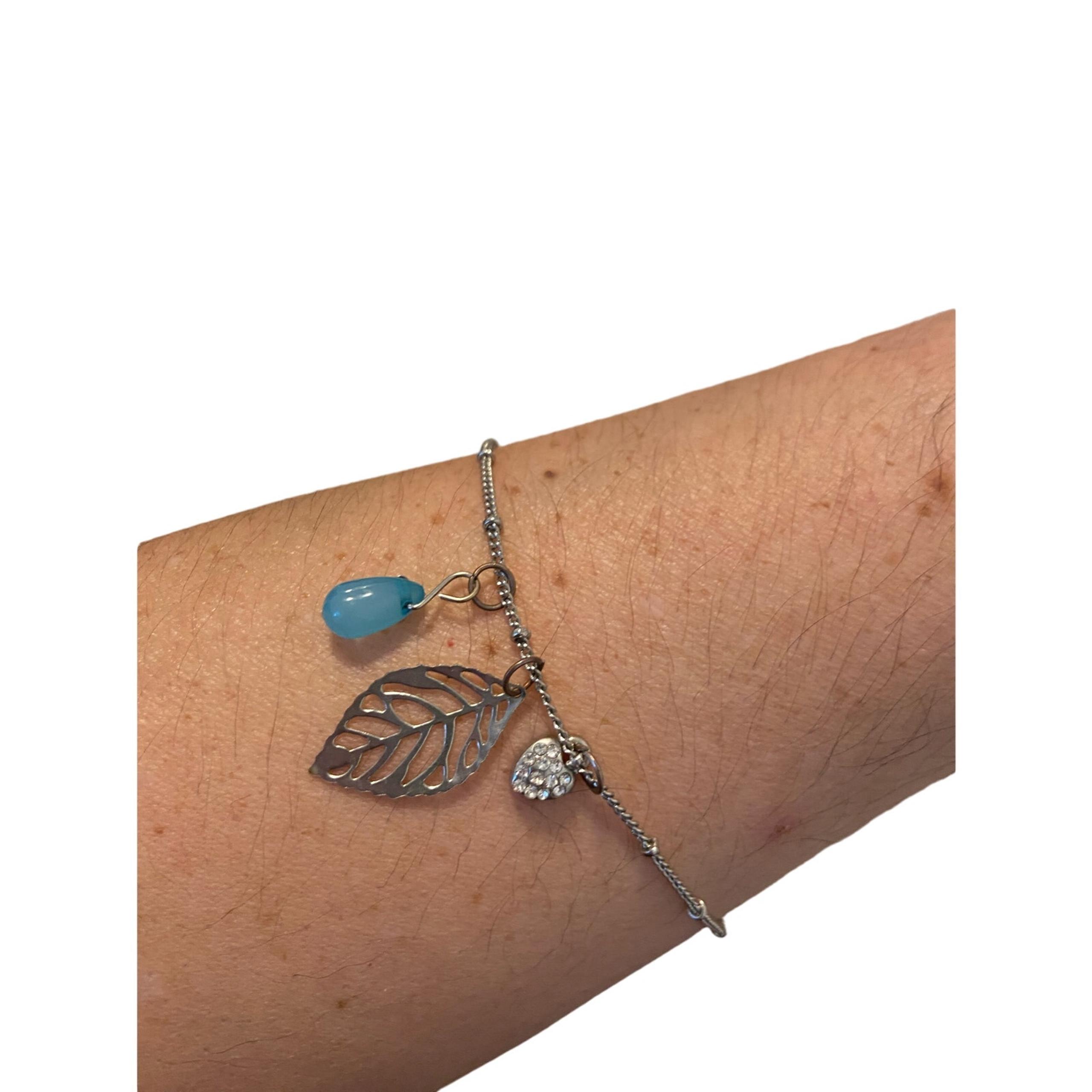 Leaf charm ankle bracelet silver tone