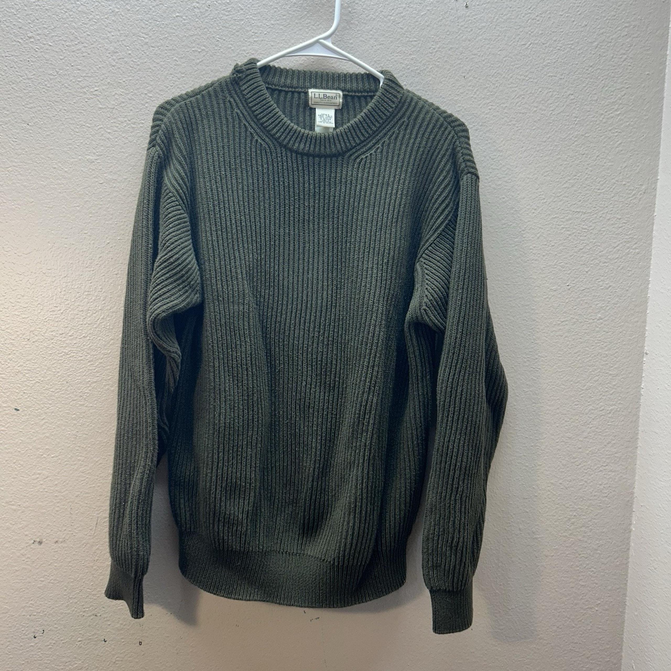 LL Bean Men's Ribbed Crewneck Chunky Knit Cotton Sweater Olive Green Size M Tall