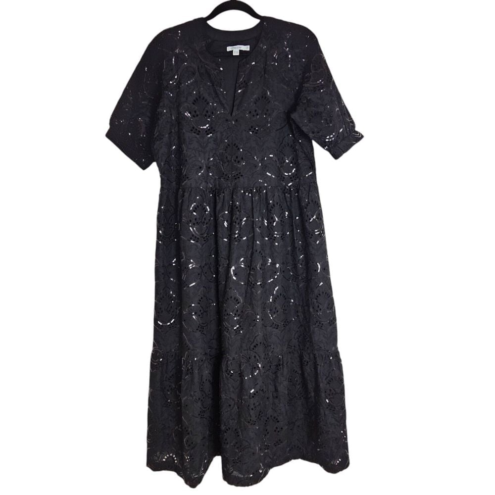 Chico's Sequin Eyelets Tiered Dress Sz S US 6 Boho Cottage Whimsy Floral Black