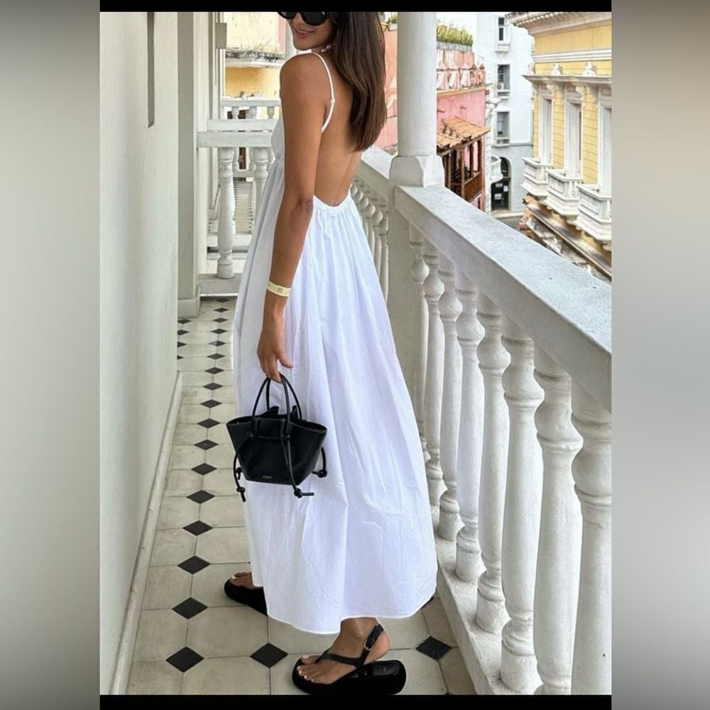 Commense Boho Coastal White Cotton Spaghetti Strap Backless Beach Sundress S