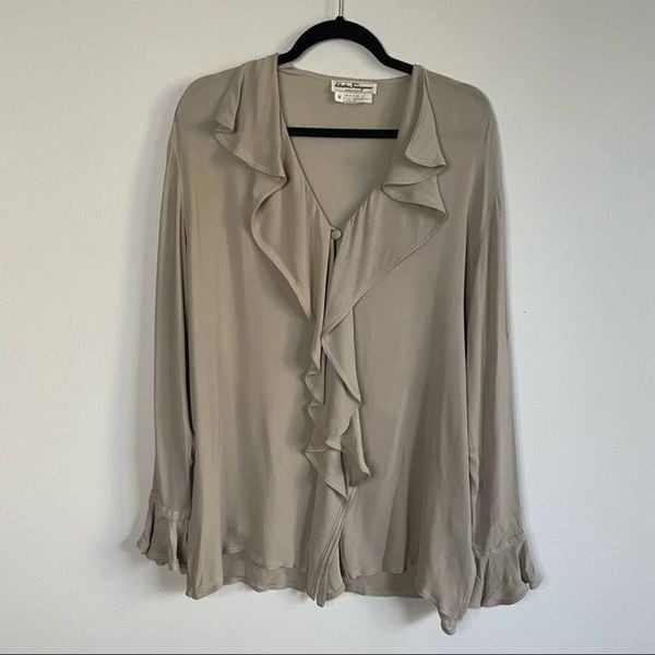 Salvatore Ferragamo Vintage Ruffle Silk Taupe Blouse
