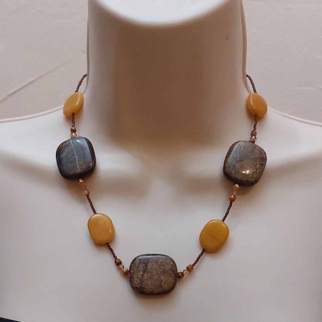 Vintage Semi Precious Stones Brown Yellow Jasper Station Bead Necklace