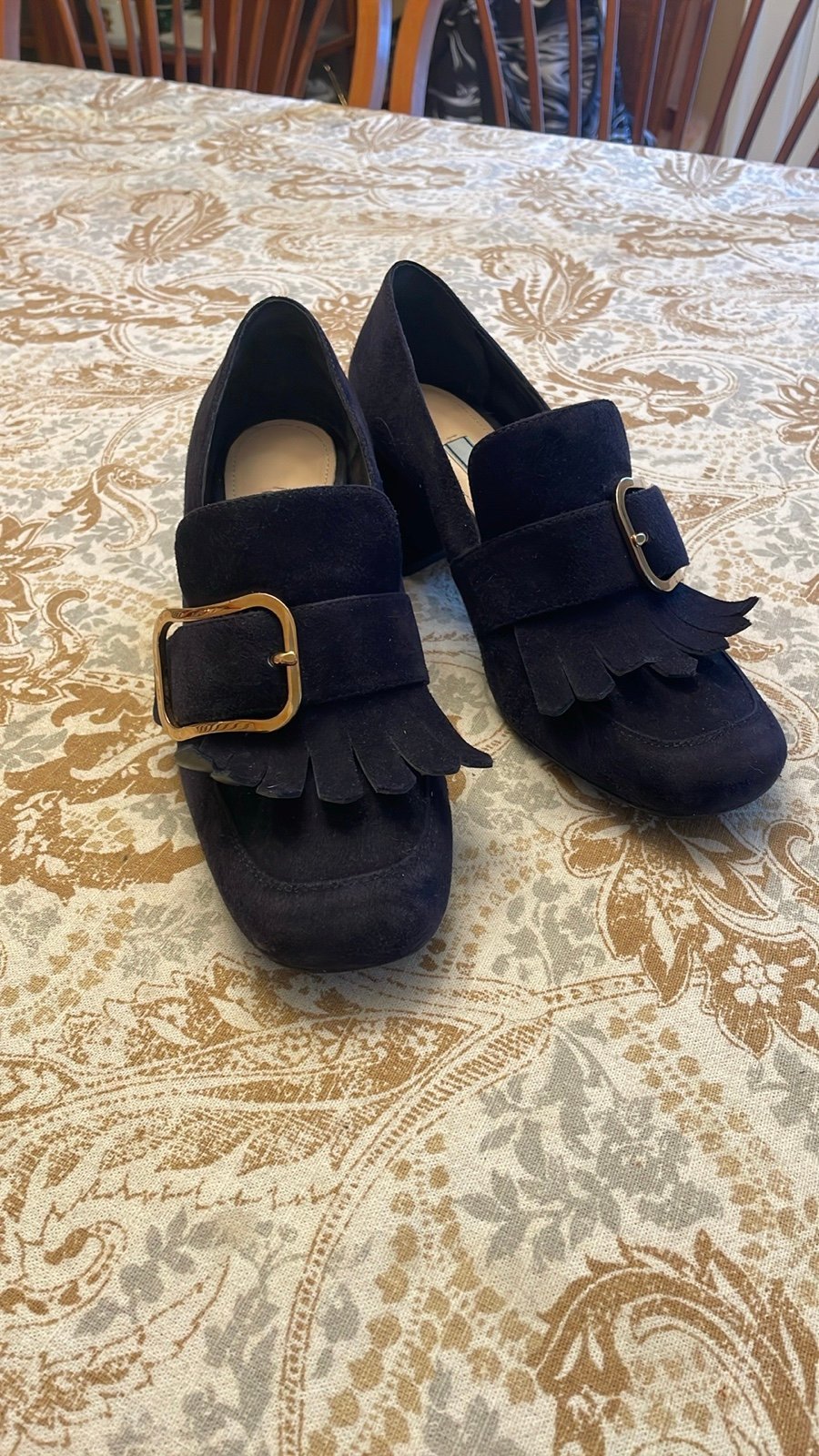 Prada Elegant navy Suede Heels with Gold Buckle very nice condition!