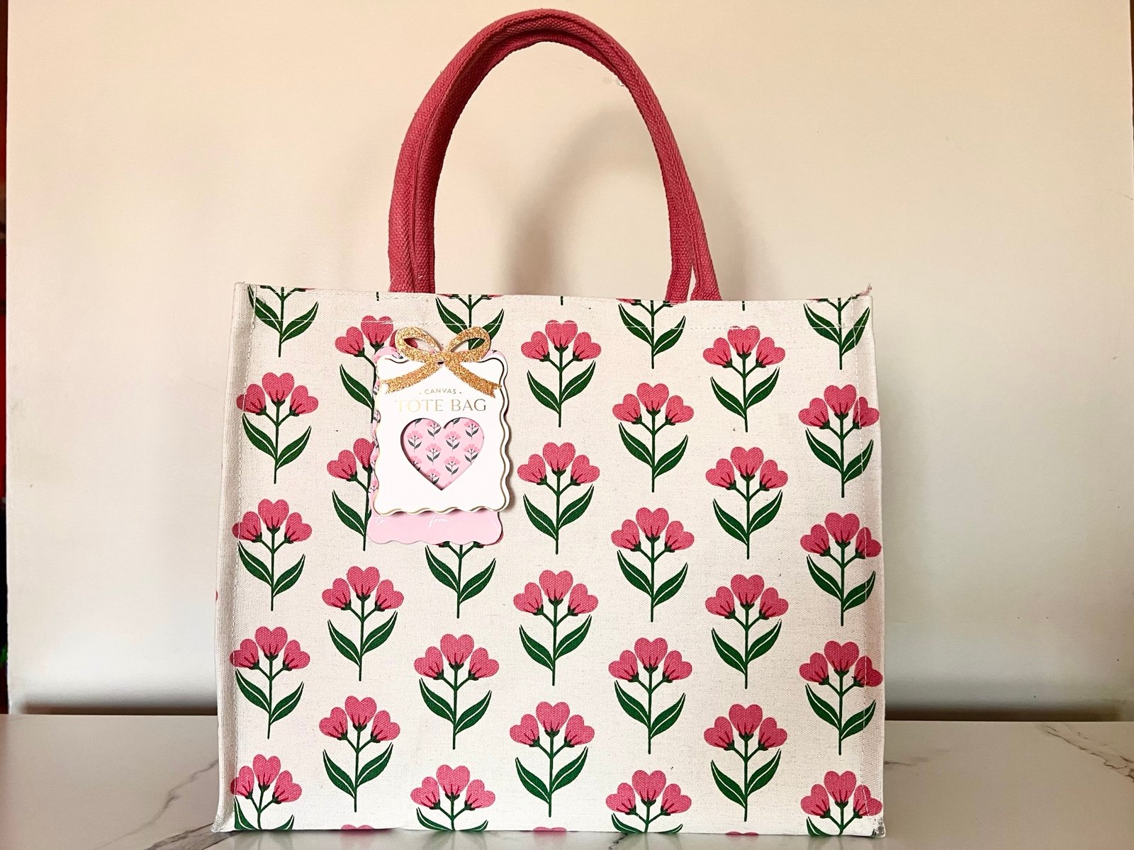 Floral Canvas Tote Bag with Pink Handles