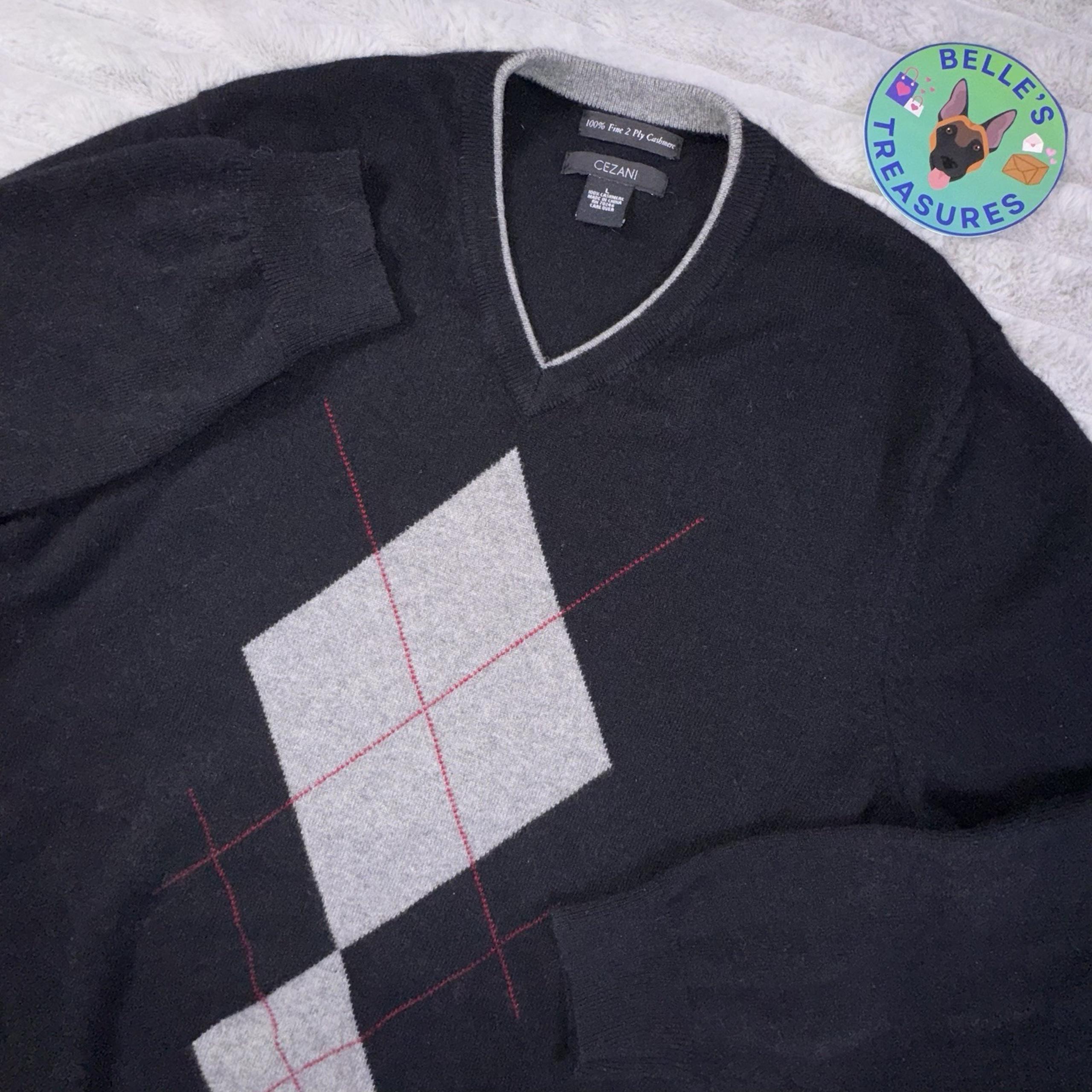 Cezani Men's Large Dress Sweater Black 100% Cashmere Argyle Golf Academia
