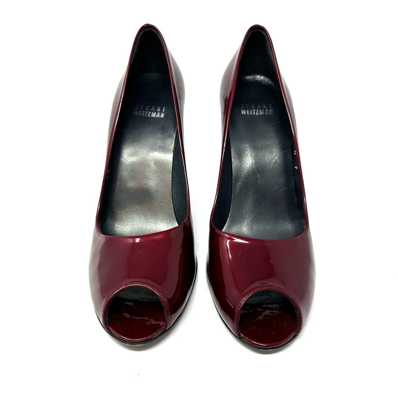 Stuart Weitzman Size 7 Heels Red Glossy Peep Toe Pumps 3.5 High Formal Business