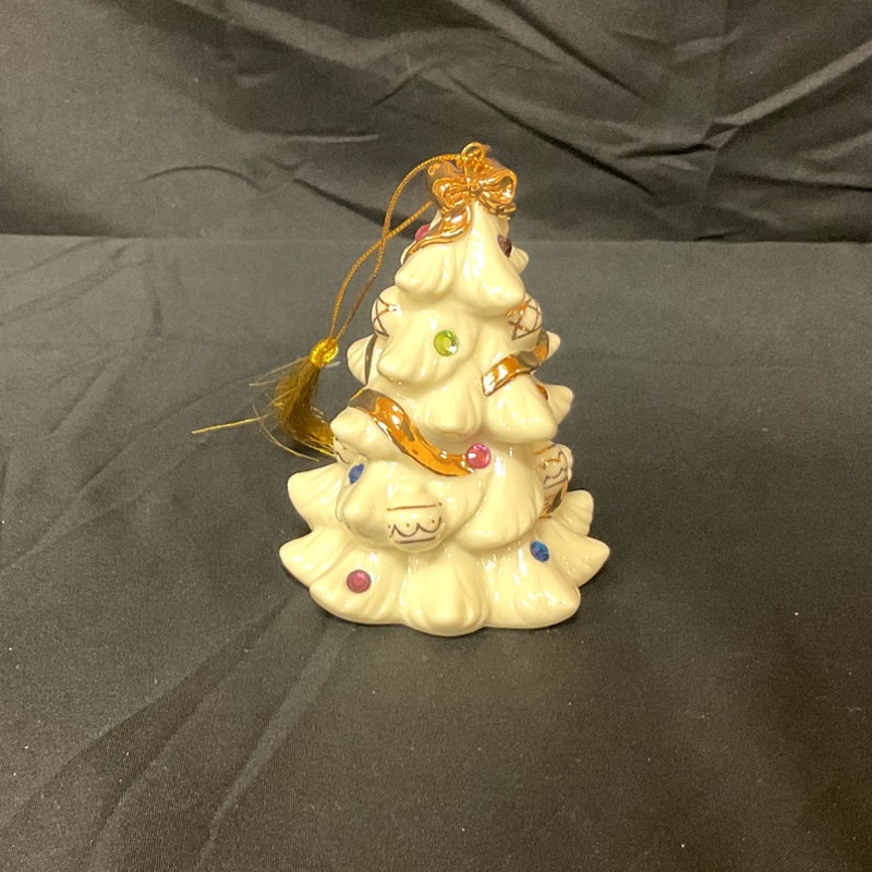 Lenox~2001 Christmas Tree Ivory China Ornament w/ Colored Jewels & Gold Trim