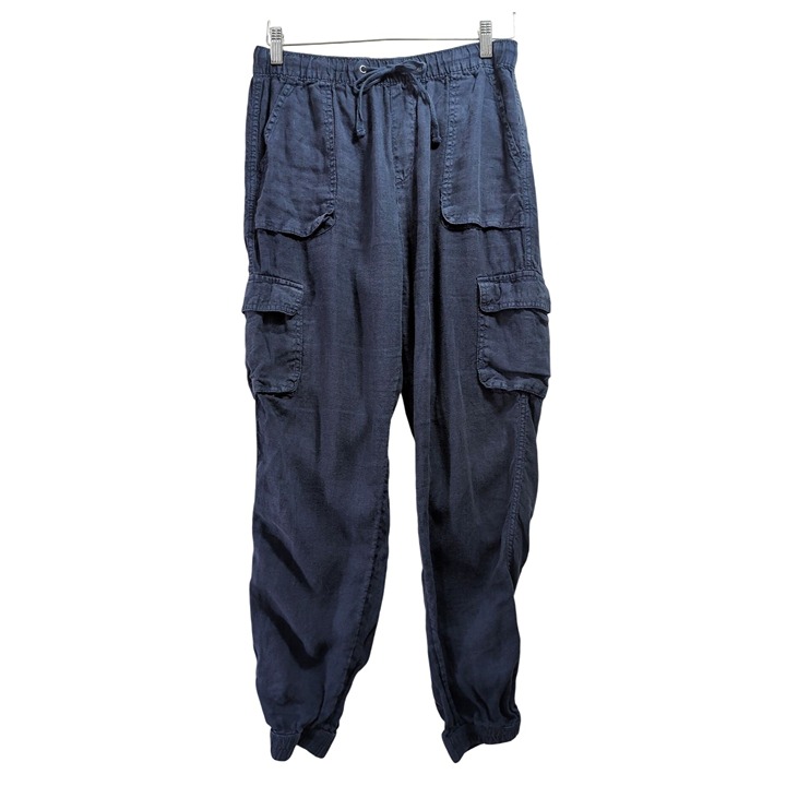 Nicole Miller Cargo Jogger Pants Womens M Blue Linen Utility Coastal Casual