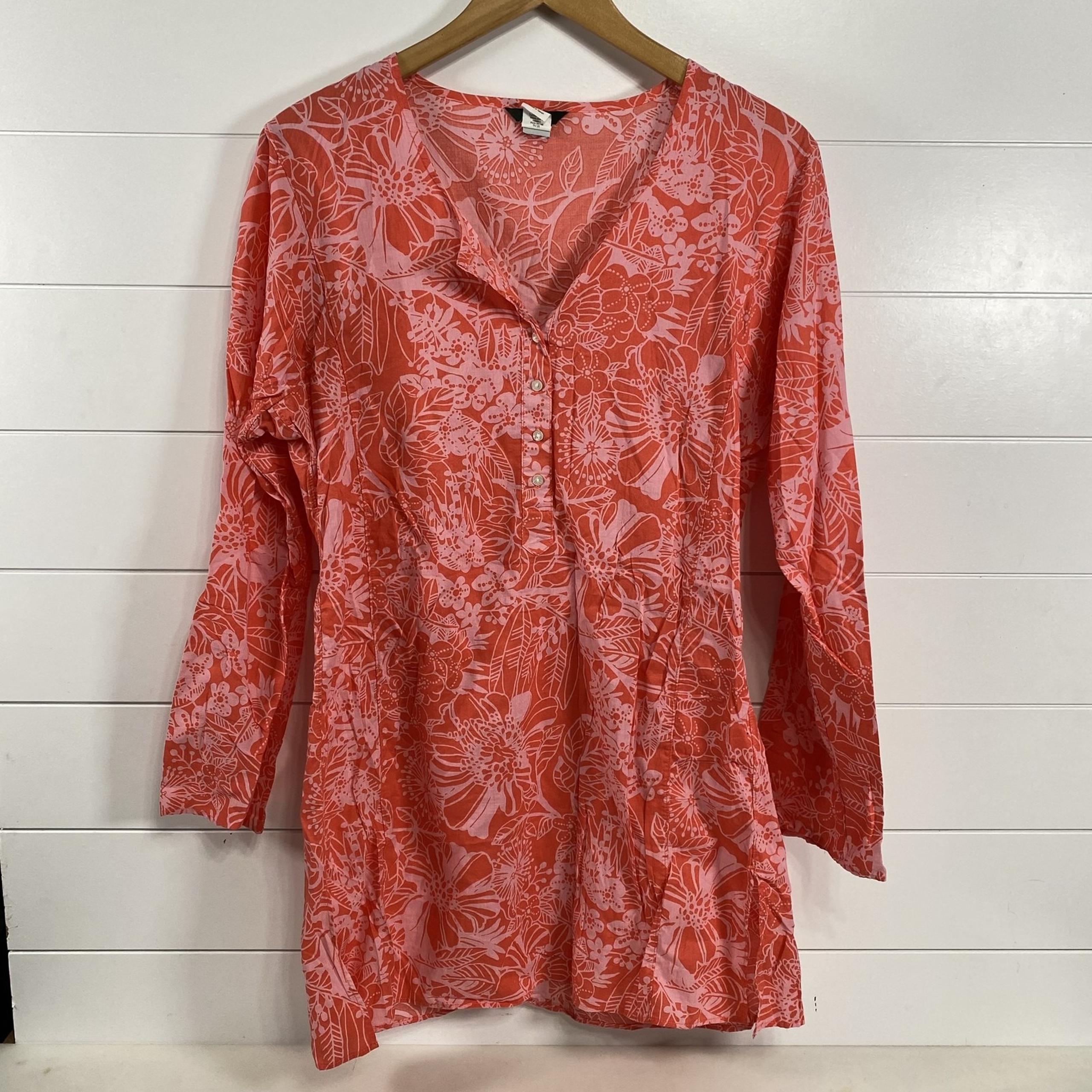 Shirt Womens Medium Red Pink Floral Tunic Long Sleeve 100% Cotton Top - J.Crew