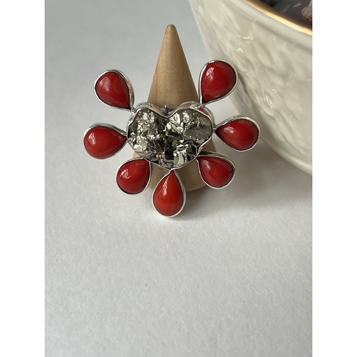 Pyrite & Red Coral Ring 925 Sterling Silver Adjustable Artisan Statement