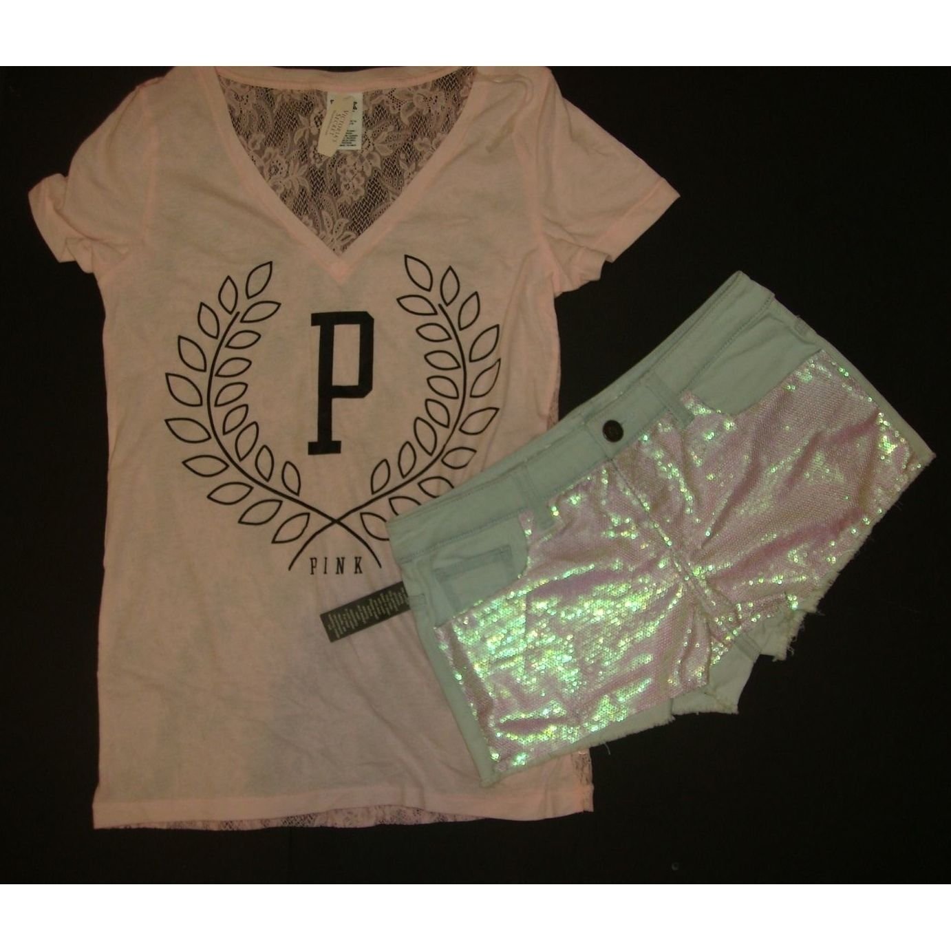 Victoria's Secret PINK S T-SHIRT+2 SHORTS sequined PINK lace BLUE jean boyshorts