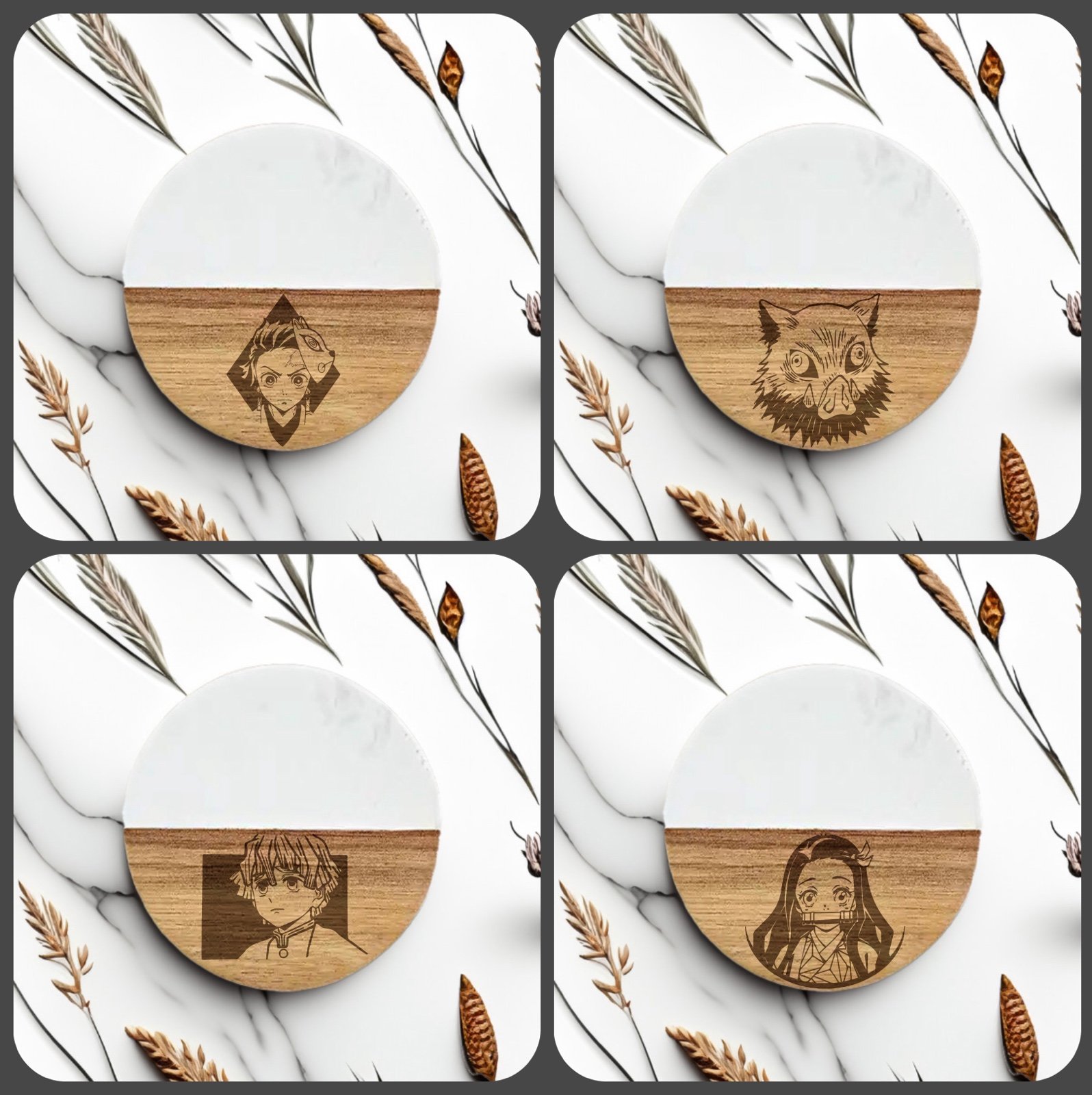 Demon slayer Set 4 engraved coasters high quality marble and acacia wood