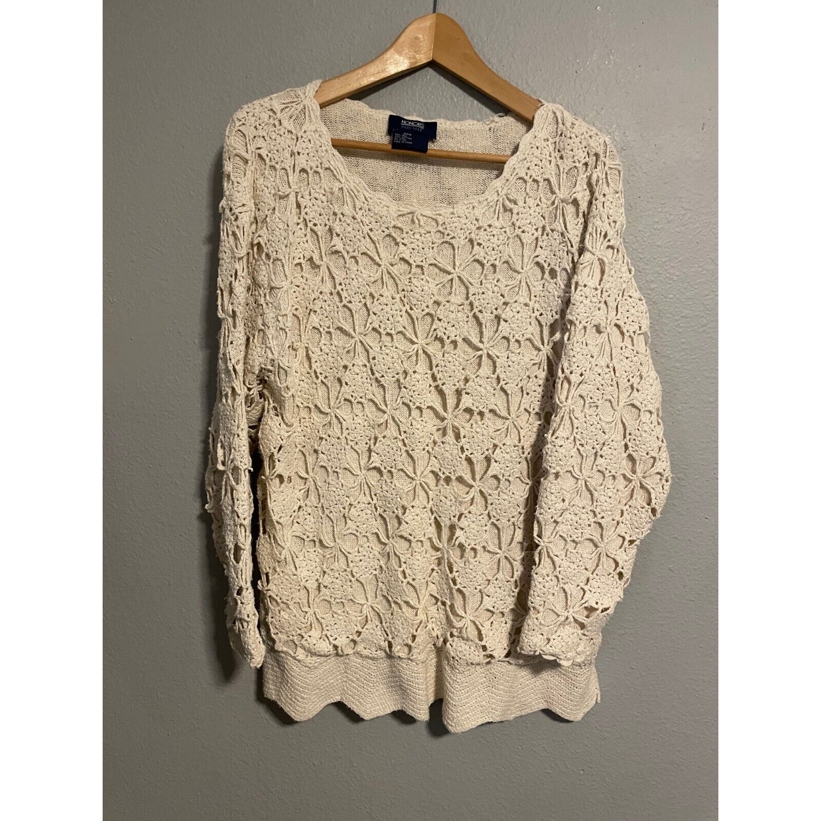 Vintage Honors Women Sweater 20W Cream Silk Blend Floral Crochet Cottagecore 90s