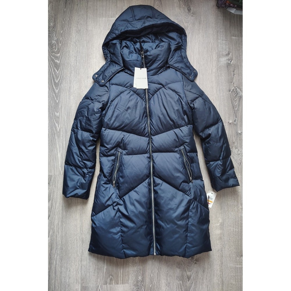 Cole Haan Signature Women Navy Hooded Down Quilted Feather Puffer Coat S NWT
