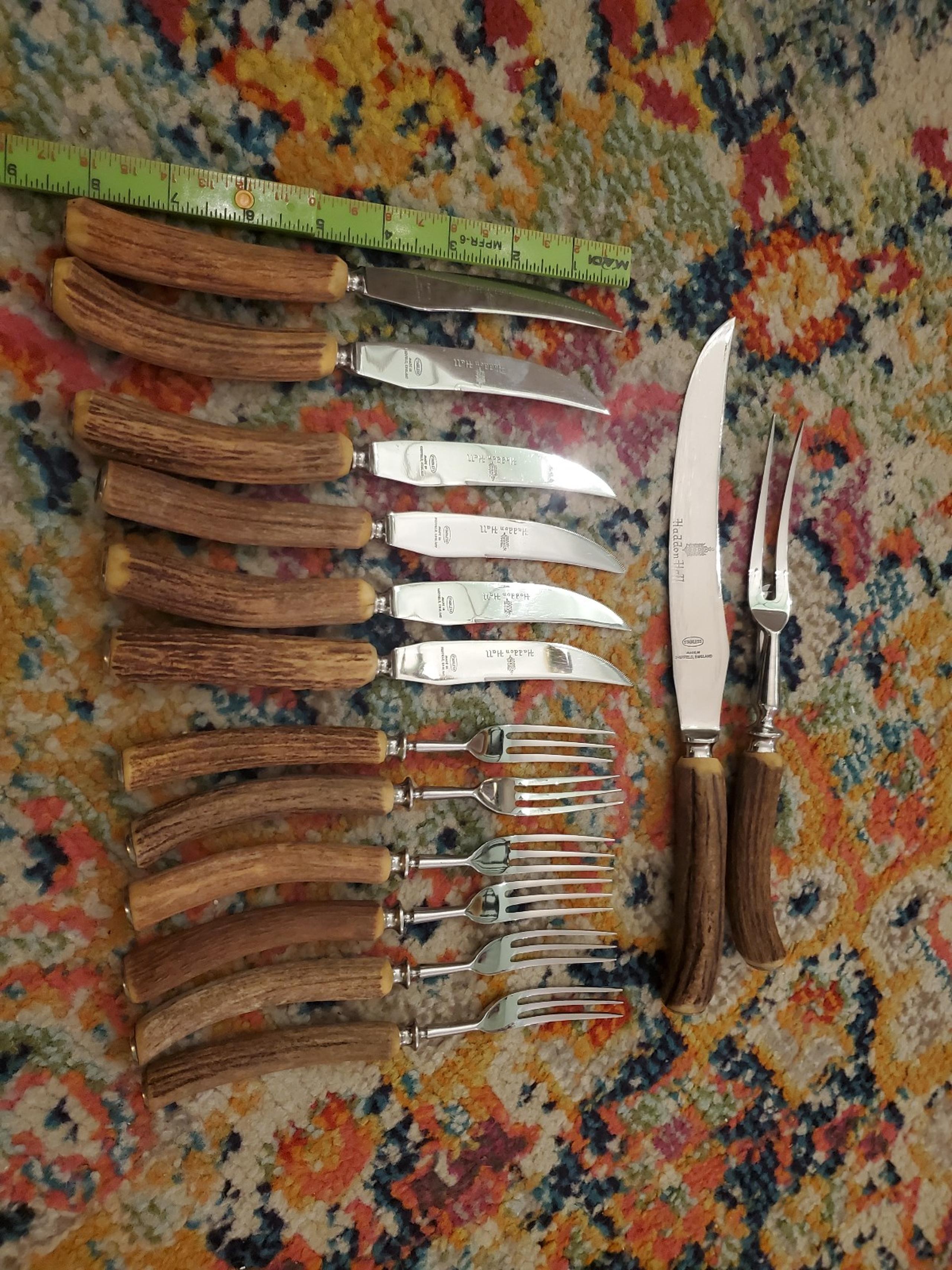 Vtg Haddon Hall Cutlery 6 Steak Knives & Forks w/ Carving tools Antler Horn