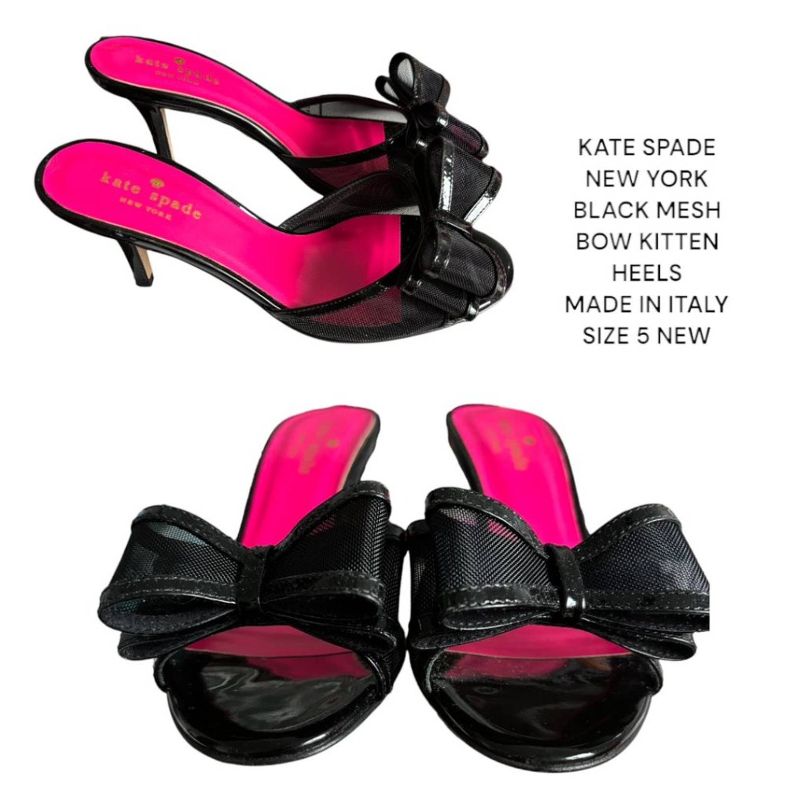 KATE SPADE NY BLACK MESH PEEP TOE BOW KITTEN HEELS MADE IN ITALY SIZE 5 NEW
