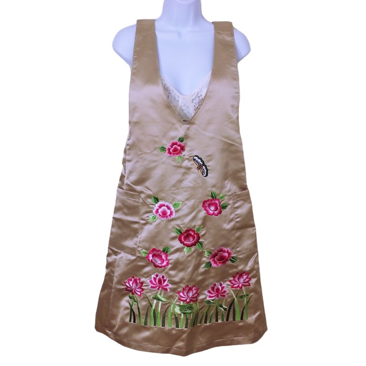 Vintage Asiana Airlines Flight Attendant Satin Apron XL Embroidered Floral Blush