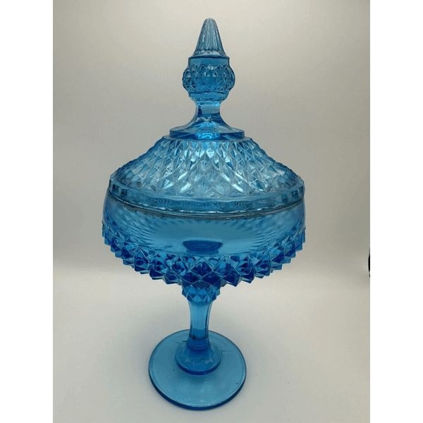 Vintage Indiana Glass Capri Diamond Point Lidded Pedestal Compote - Candy Dish