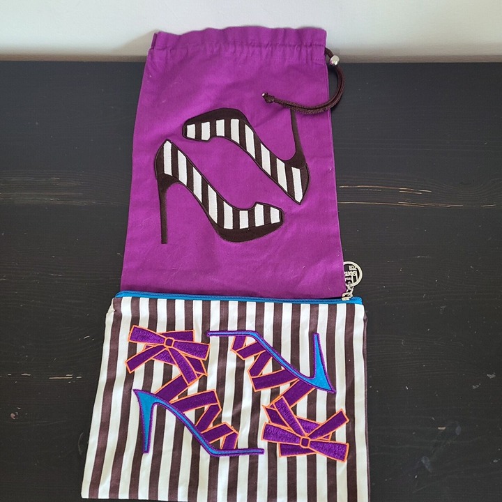 Henri Bendel Set Of 2 Cloth Pouches Bag Case Purple Striped