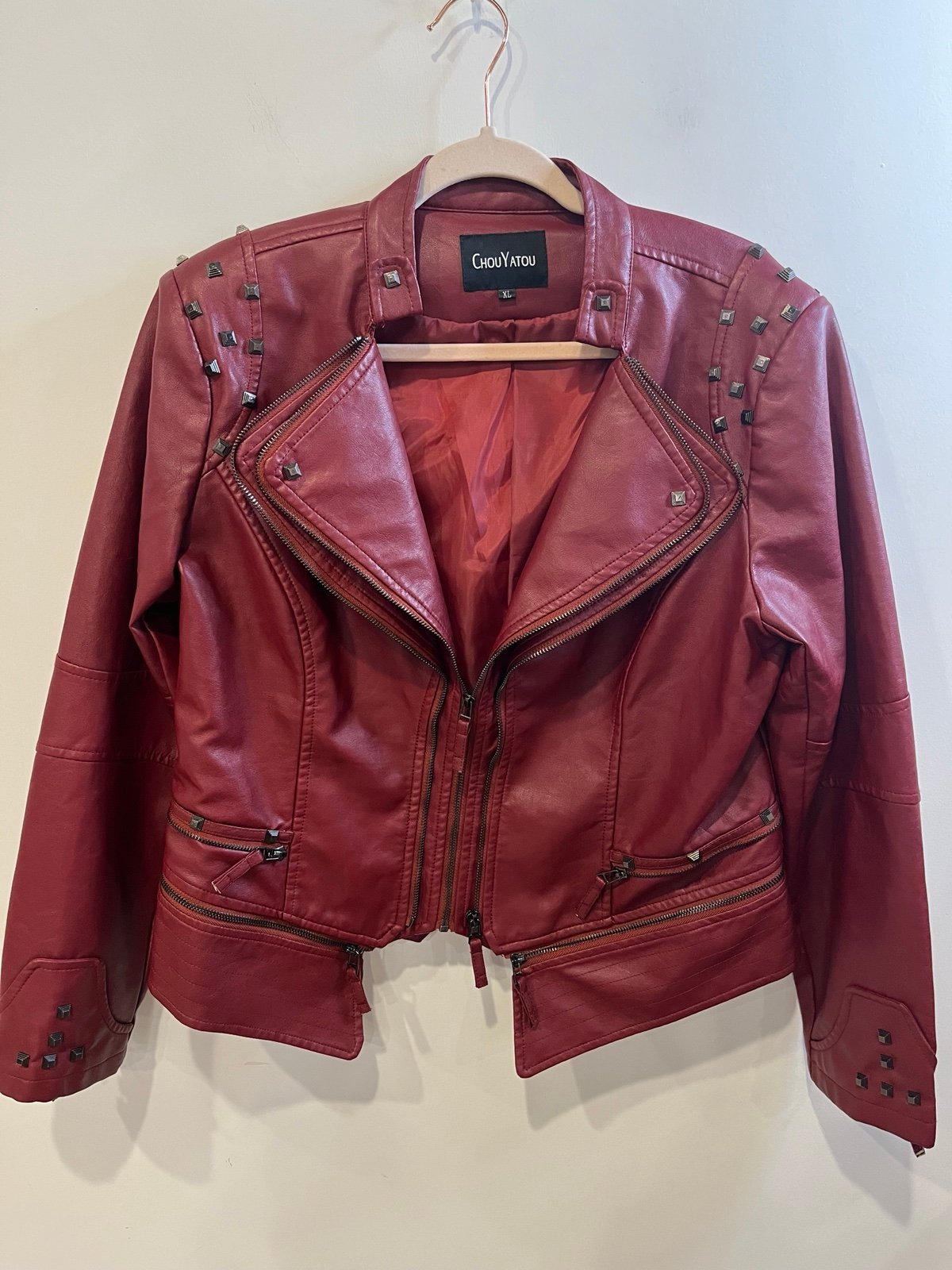 CHOUYATOU JACKET WOMENS SIZE XL RED FAUX LEATHER MOTO BIKER STUDDED COAT