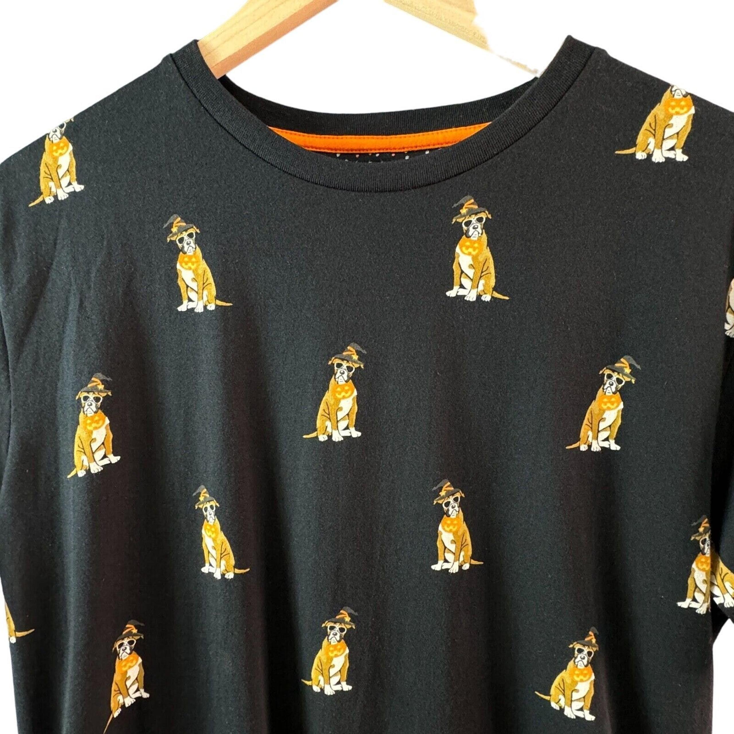 Halloween Dog Print Men's Black Shirt Size Medium Witch Hat Novelty Casual Tee