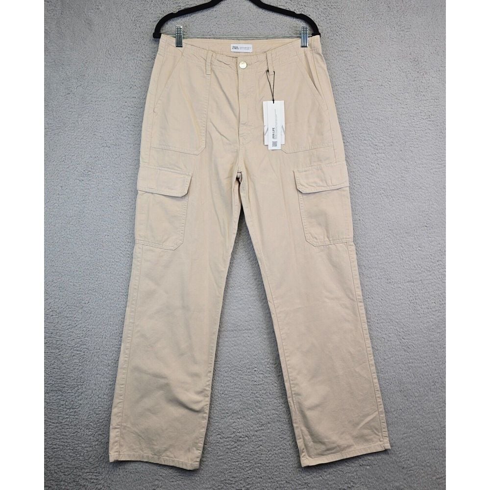 Zara Cargo Pants Womens 10 Beige Relaxed Straight High Rise Gorpcore 32x30