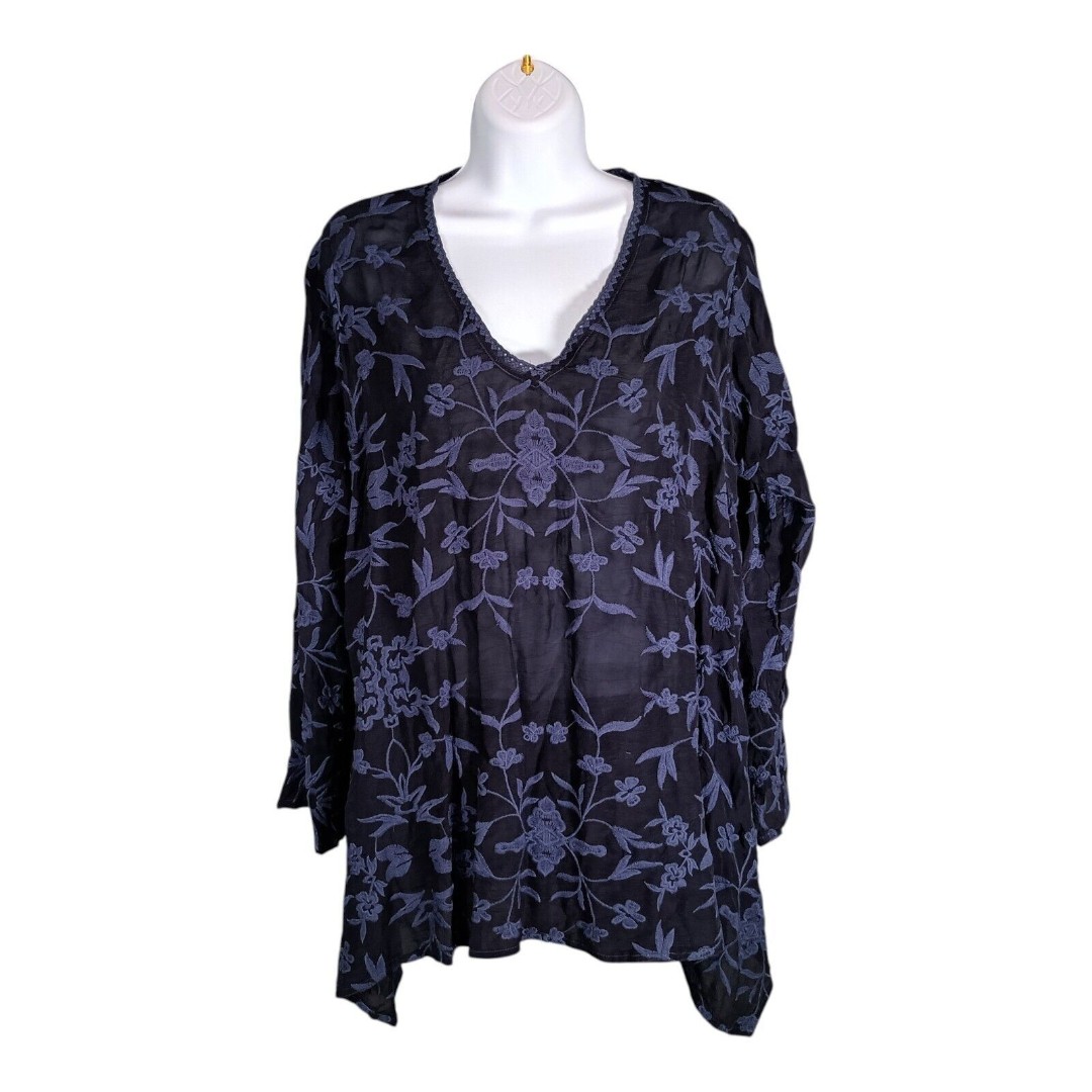 Johnny Was Embroidered Tunic Top Long Sleeve Cupra Rayon Black Blue Small