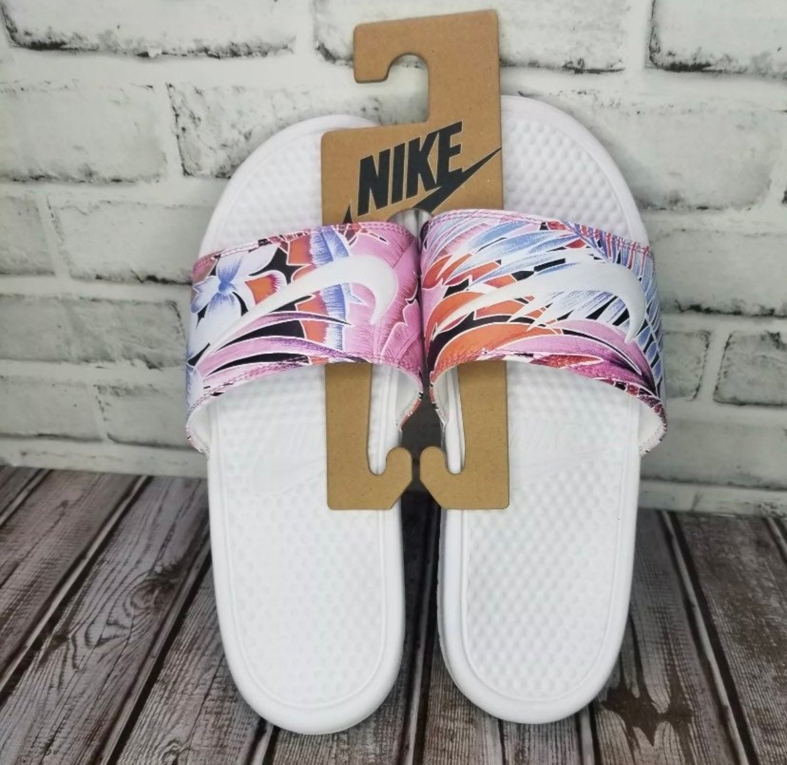 Nike Benassi JDI Slides Sandals White Floral Print 618919 113 Womens sz 11
