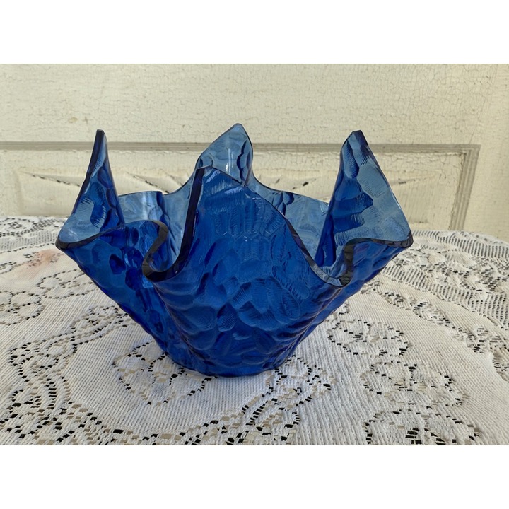 Vintage MCM Chance Brothers Blue Handkerchief Vase Bowl