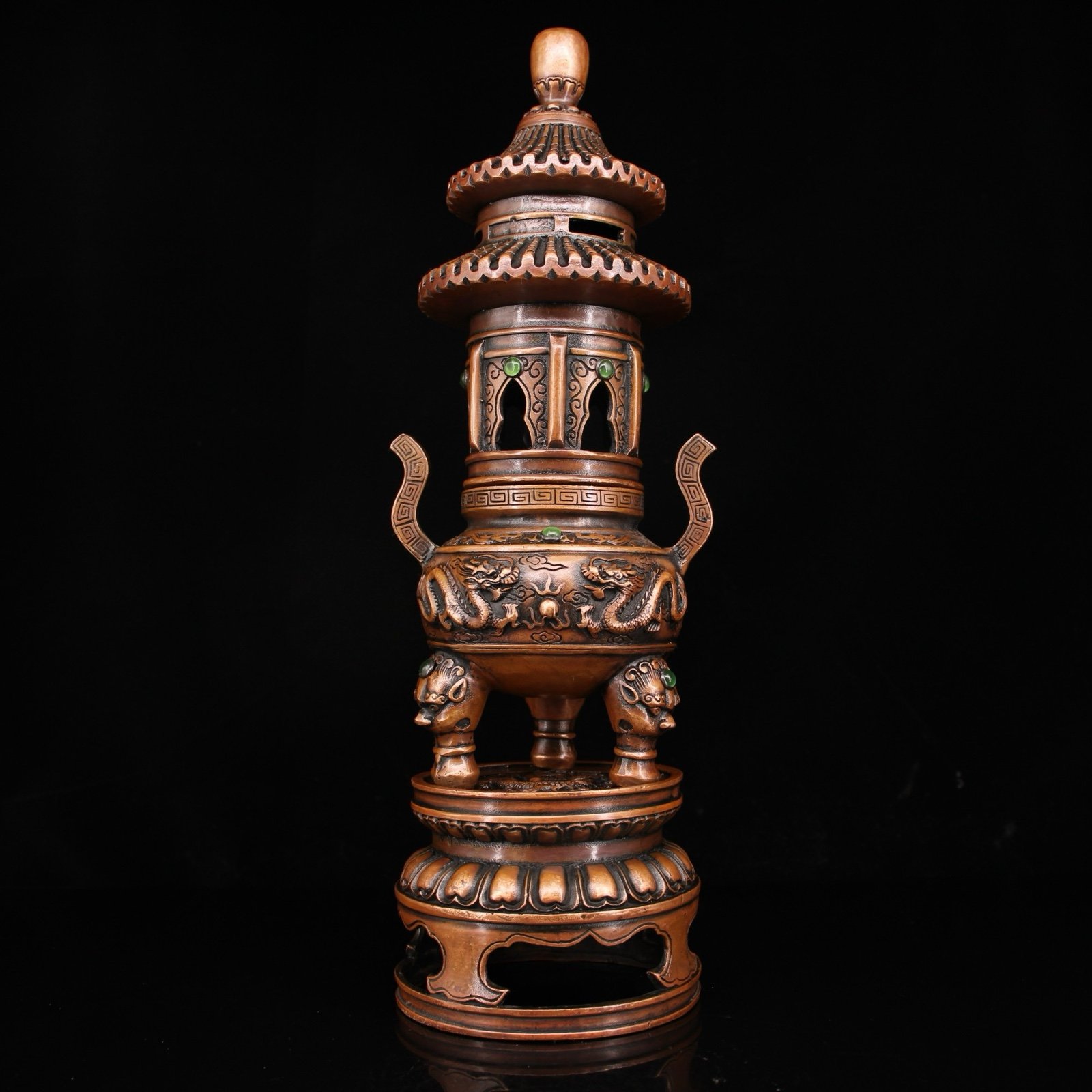 Seiko red copper inlaid gemstone Three-story Shouting incense burner plate inc