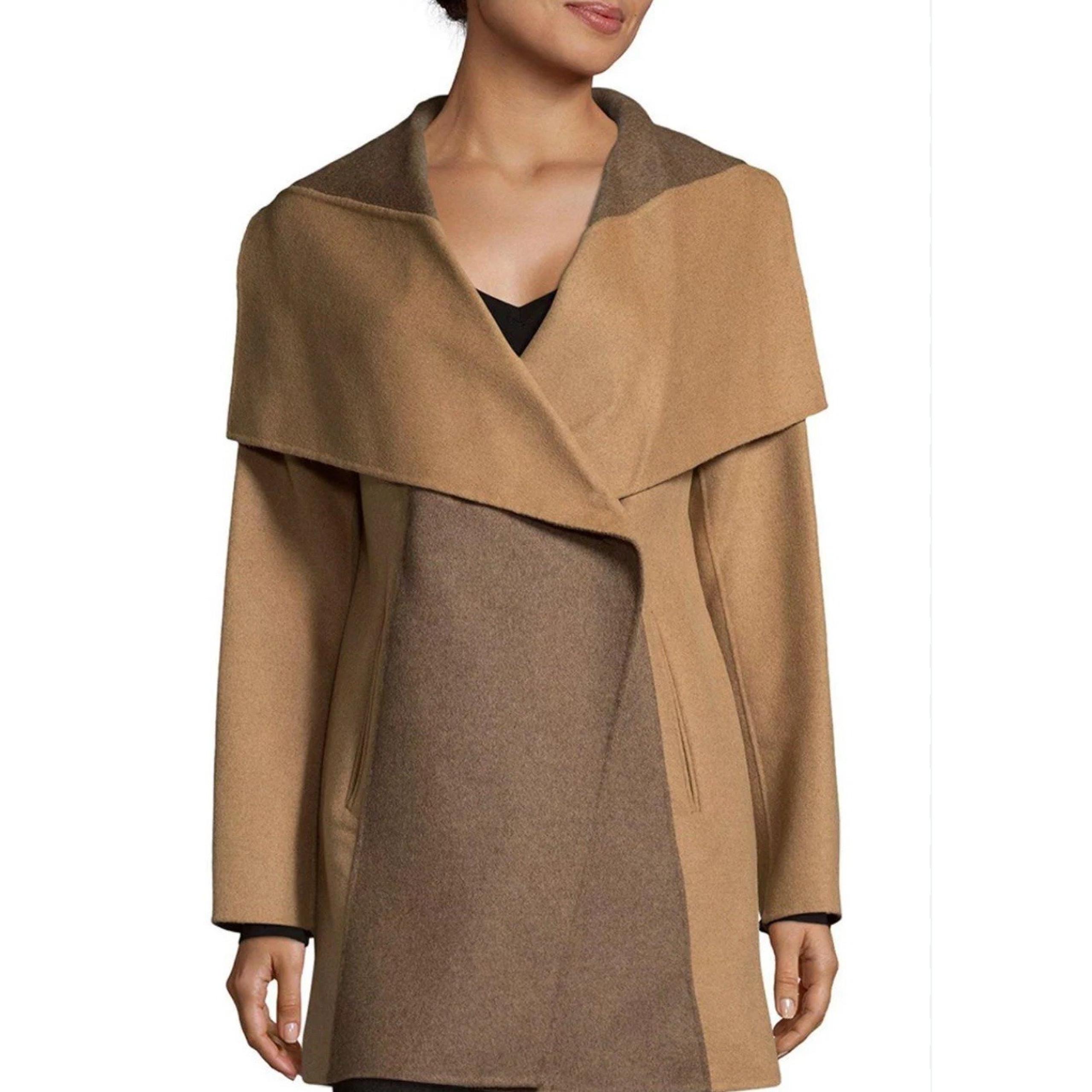 $495 DVF Shannon Wool Felted Two Tone Coat in Camel, Size Large EXCELLENT