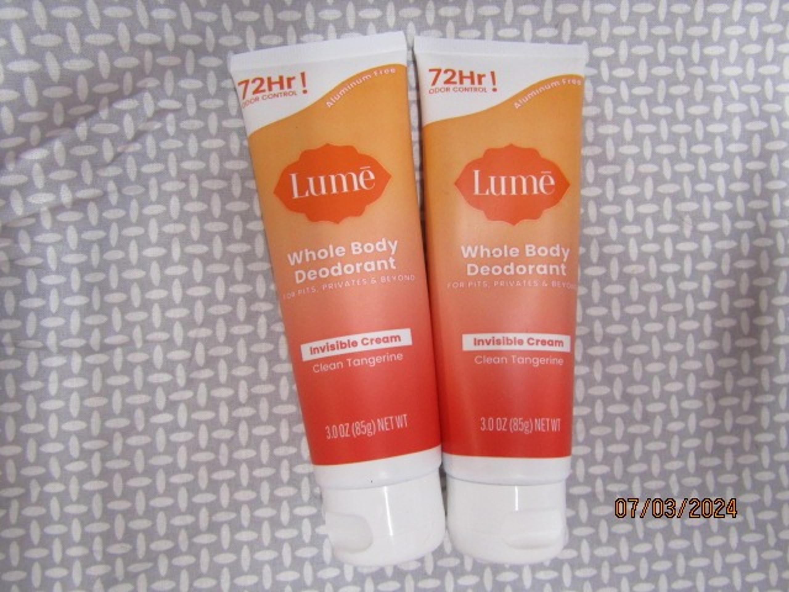 LUME~LOT OF 2~WHOLE BODY DEODORANT~INVISIBLE CREAM~CLEAN TANGERINE 3oz EACH 153M