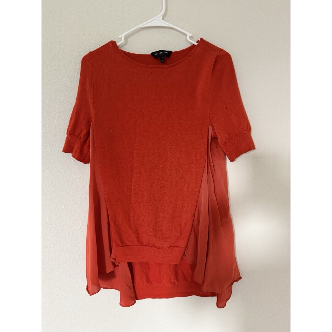 ST. JOHN Designer Orange Hi Lo Short Sleeve Wool Sweater Silk Accent Sz Small