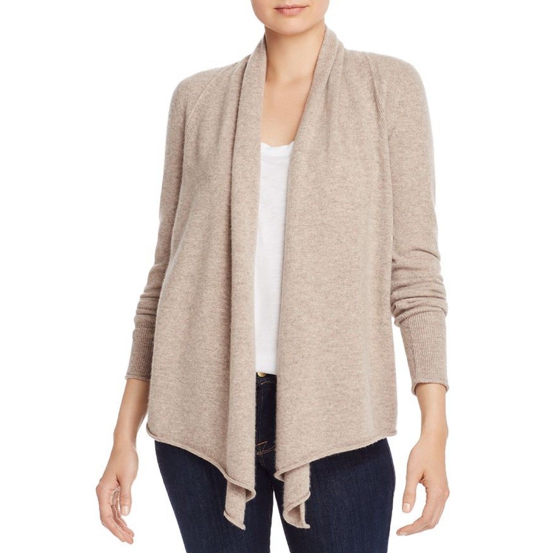 AQUA Cashmere Draped Open-Front Cashmere Cardigan in Wheat