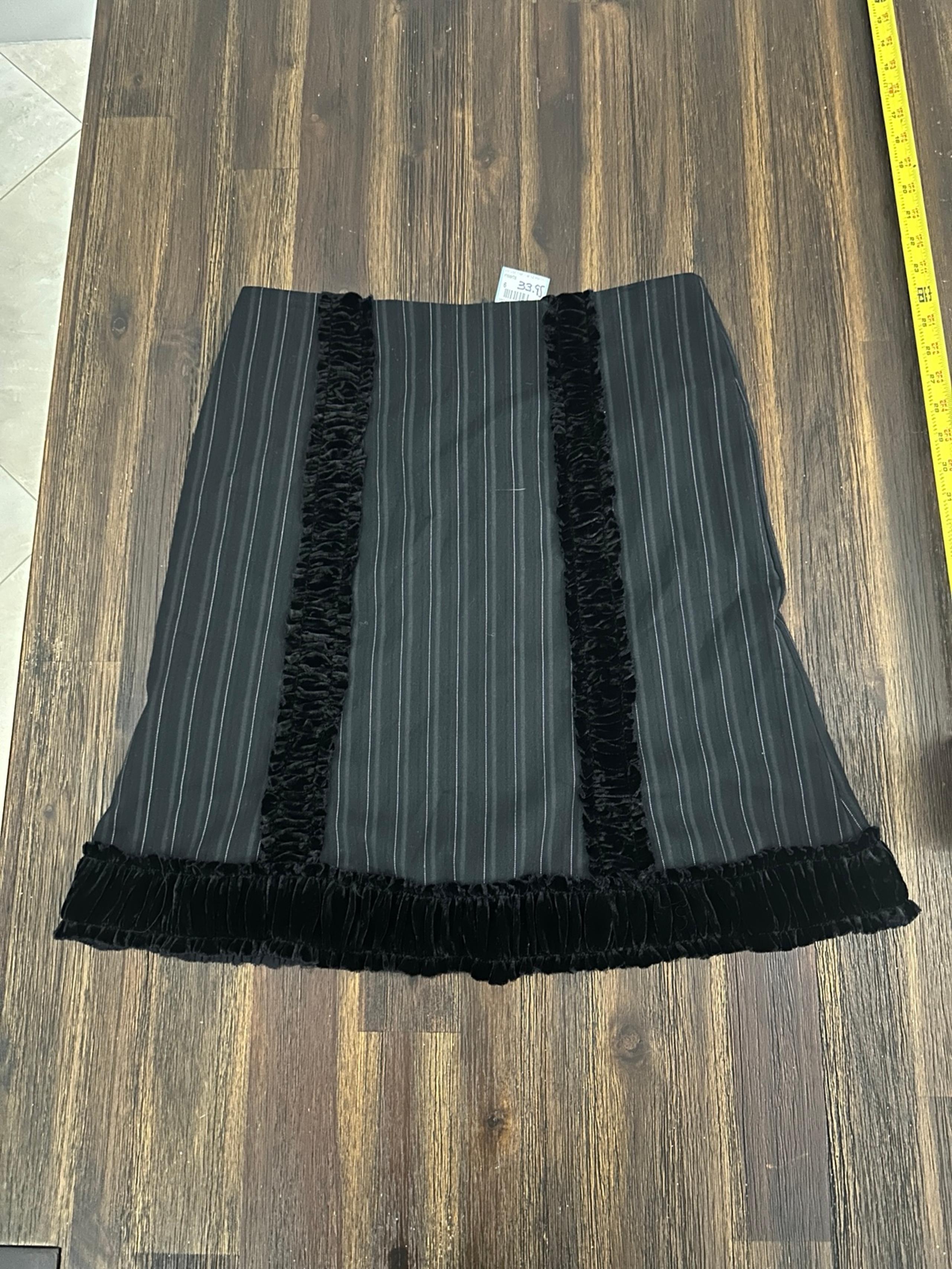 Vintage 1990s Y2K Black Grey Striped Black Velvet Details Low Rise Mink Skirt
