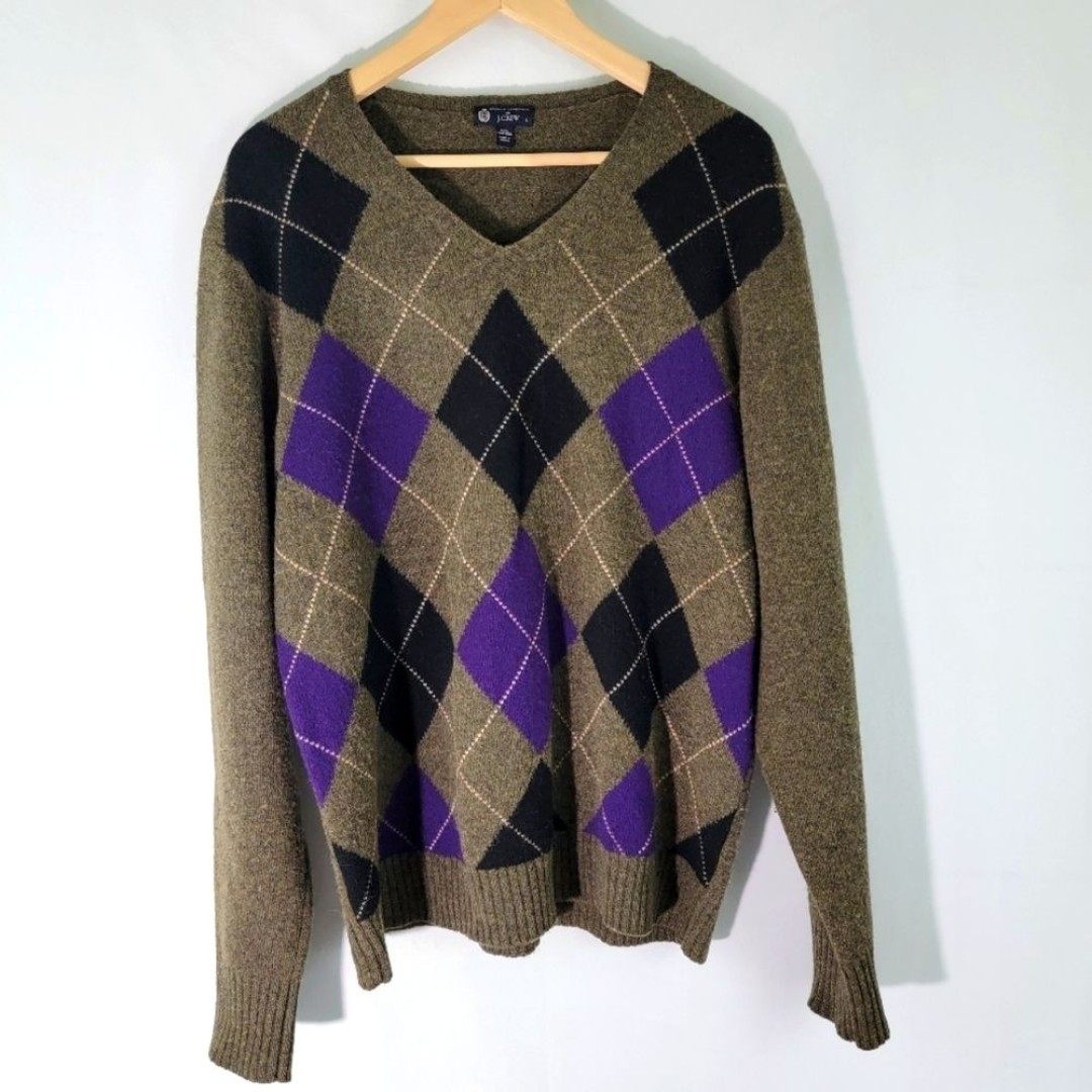 J. CREW Mens Premium Lambswool Green/Purple Argyle V-neck Pullover Sweater Sz L