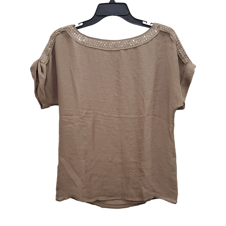Ann Taylor LOFT Women's Dark Khaki Boxy Sequin Short Sleeve Blouse Top Size S