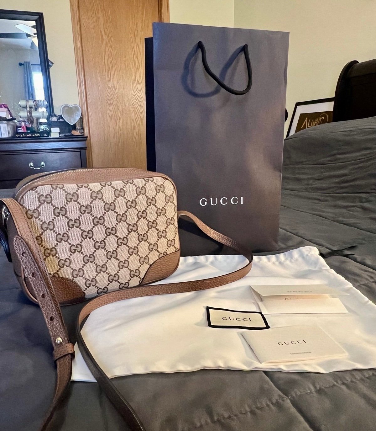 Authentic Gucci Brown/Beige GG Canvas and Leather Bree Crossbody Bag