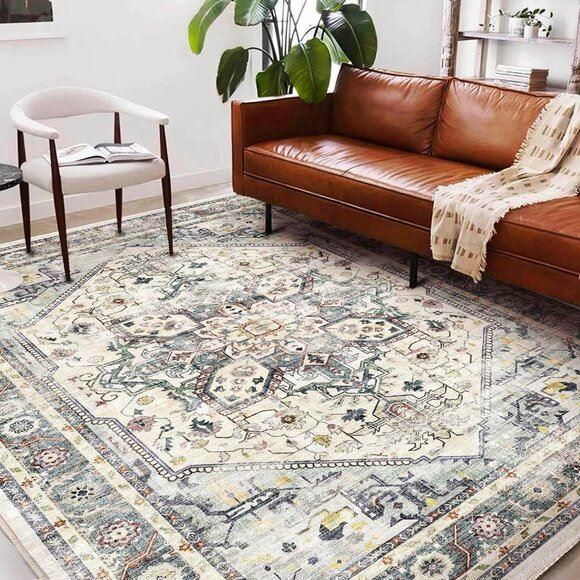 6x9 Cyan Khaki Area Rug, Washable Vintage Non-Slip Carpet for Home & Room Decor