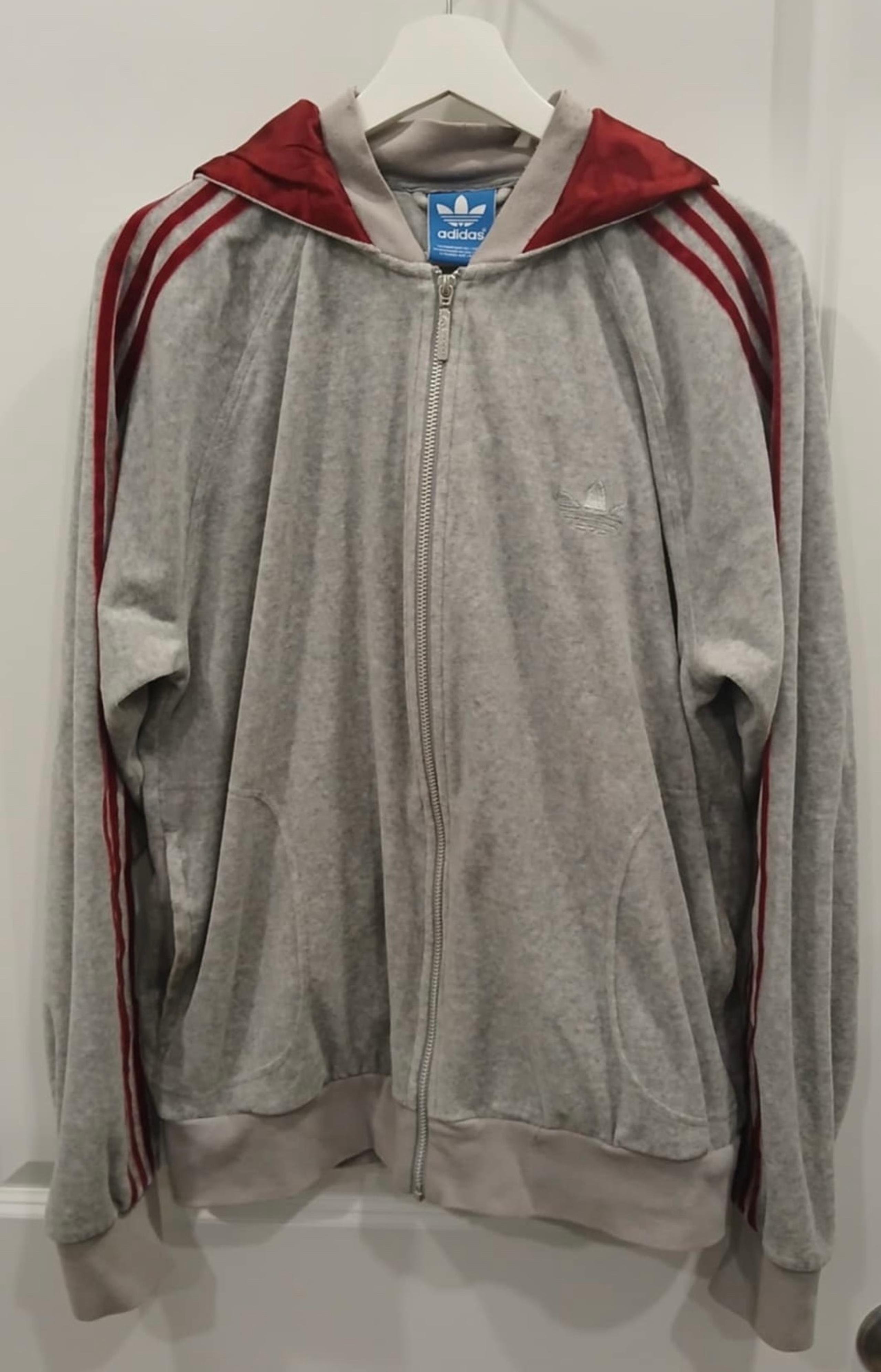 Adidas Womens Zip up Hooded Swearshirt Grey Maroon Stripes Size Large