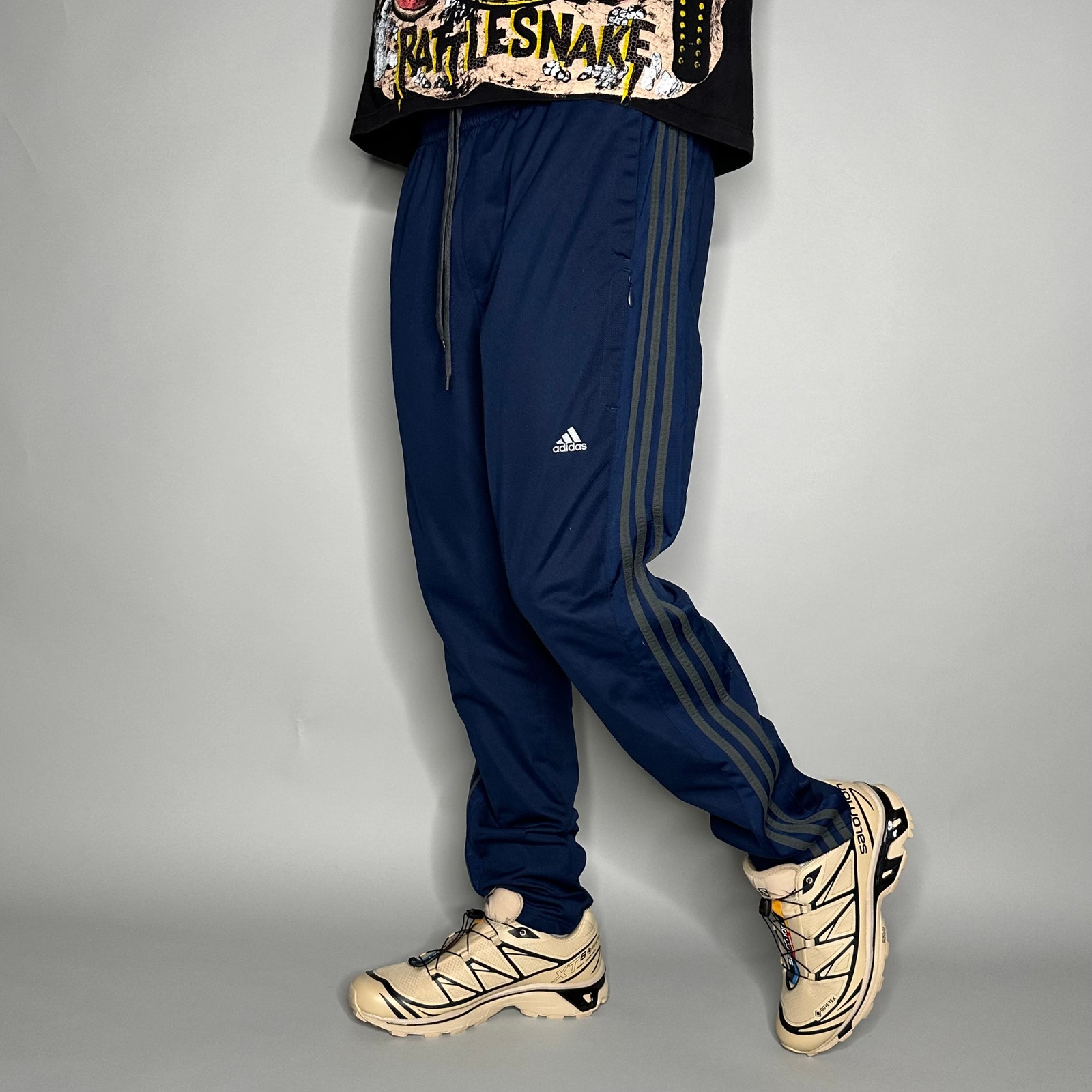 Adidas Sweatpants Navy Blue Polyester Joggers Grey 3 Stripes