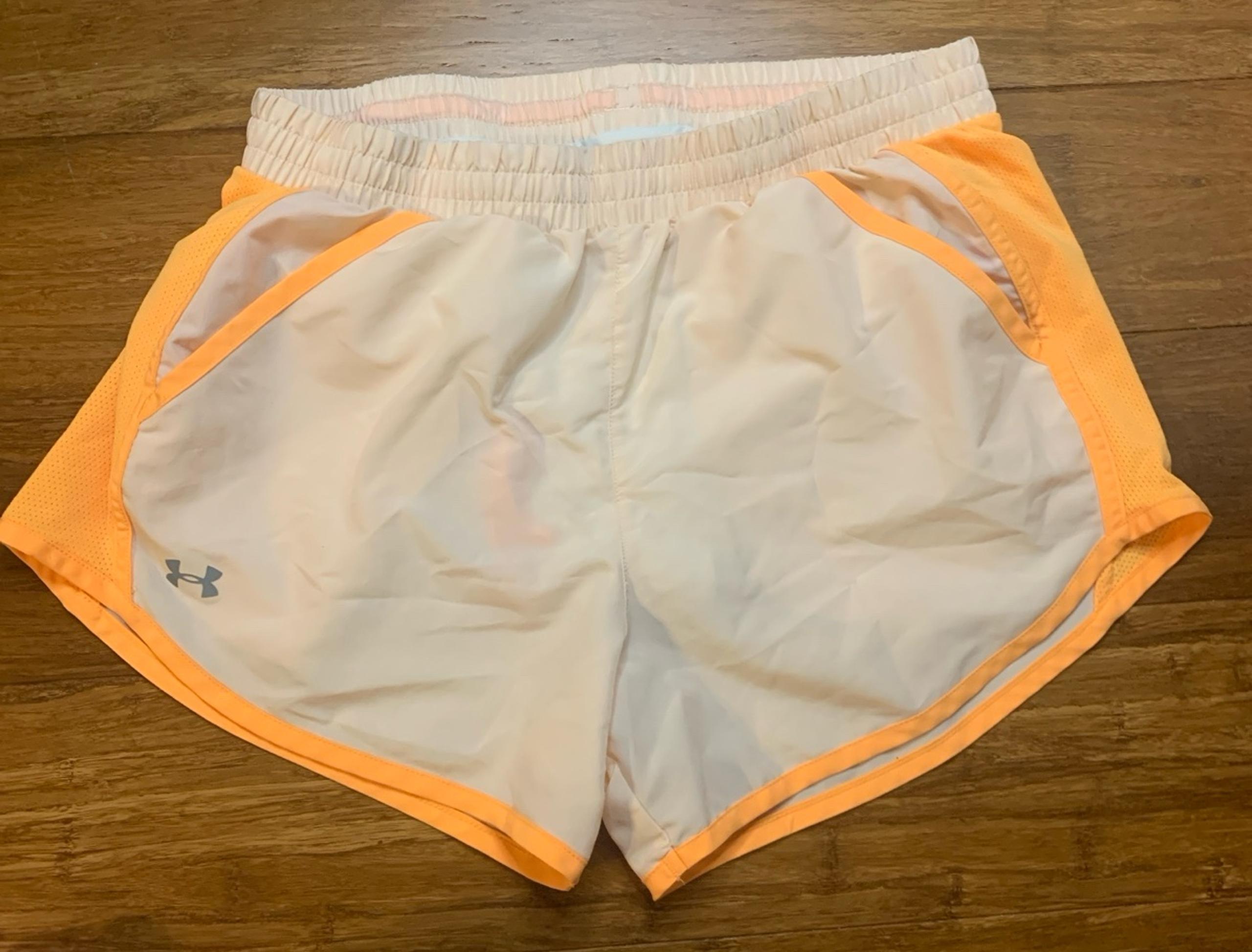 Under Armour women’s small athletic shorts white and neon orange