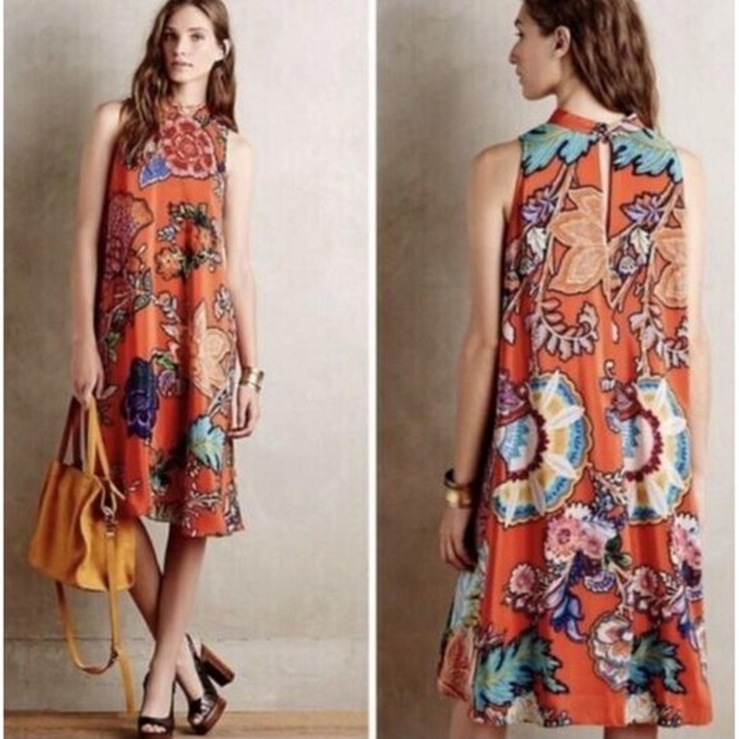 MAEVE Anthro Larkhill Silk Boho XS Dress Trapeze Swing Floral Orange Colorful